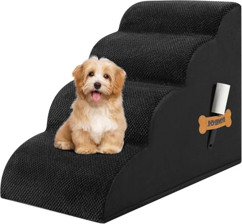 ROMROL Hundetreppe 4 Stufen – rutschfeste Haustiertreppe für kleine Hunde & Katzen – Waschbarer Bezug, Hochdichter Memory-Schaum – Weiche Einstiegshilfe für Sofa & Bett – Gelenkschonend, Schwarz
