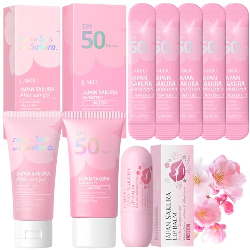LAIKOU Set Protection Solaire, Sakura Ensemble de Soins de la Peau, Protection Solaire Corps et Visage, 4 Pièces Kit de Soins Voyage, avce Crème Solaire FPS 50 + Gel Après Soleil + Baume à Lèvres