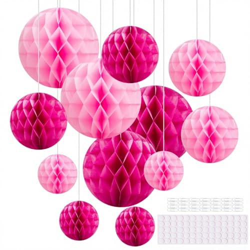 Hexizexi 12 Pcs Paper Honeycomb Balls Pink Hanging Honeycomb Decorations 15cm 20cm 25cm Paper Decorations for Birthday Wedding Graduation Party Baby Shower