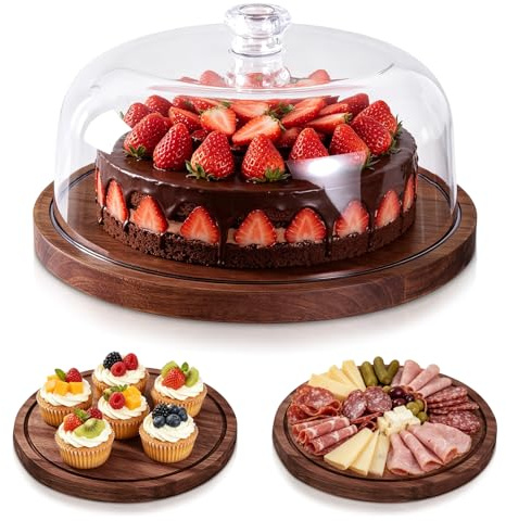 Buachois Soporte para Pastel con Tapa de Madera, Ø 30 cm / 12 Pulgadas Pastel Tapa, 2 en 1 Mesa de Pantallas de Charcutería de Redondo de Exhibición de Postres con Cúpula de Acrílico para Bandeja