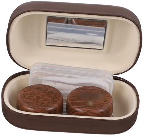 PACKOVE Leak-Proof Dual Lens Case with Brown Leather Lining and Plastic Shell, Portable Eye Lens Container Featuring Clip and Small Mirror for Travel and Daily Use