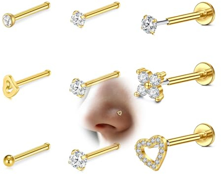 VFUN Trådlösa näsdubbar Cz näsringar för kvinnor män labret dubbar läppringar tryck in platt baksida knoppörhängen Cz näsa näsborre tragus helix piercing smycken