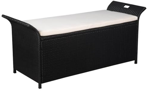 QUAHEAS Truhenbank mit Polster, 138 cm, Schwarz, wetterfeste Polyrattan Gartenbank für Outdoor Möbel & Terrassenbereich, Bequeme Aufbewahrungsbänke mit großem Stauraum