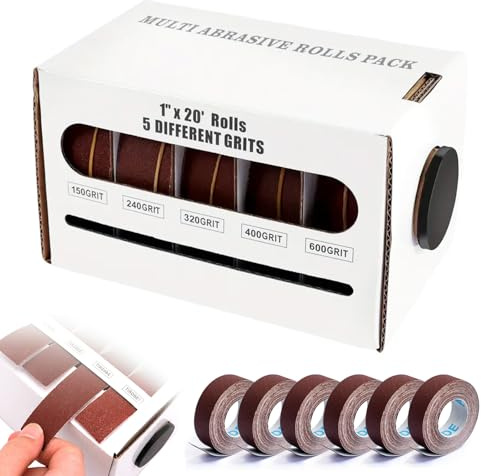 Lot de 6 rouleaux de papier abrasif - 25 mm x 6 m - Avec boîte distributrice - Grain 80, 120, 240, 320, 400, 600 - Pour meubles et artisanat