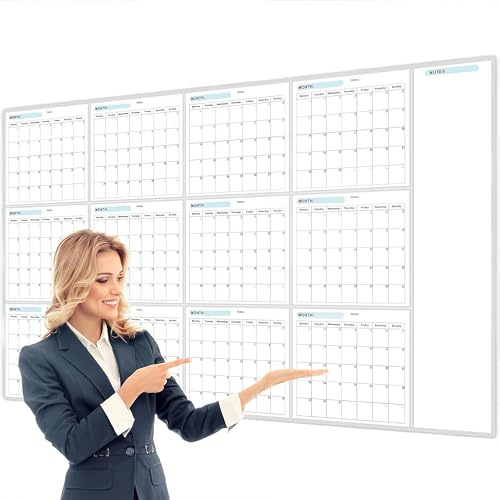 Grand Calendrier Effaçable à Sec pour Mur, Calendrier Annuel Non Daté pour Tableau Blanc avec Deux Marqueurs, 87 cm x 148 cm, Organiseur de Tâches Laminé Réutilisable avec Une Excellente Disposition,