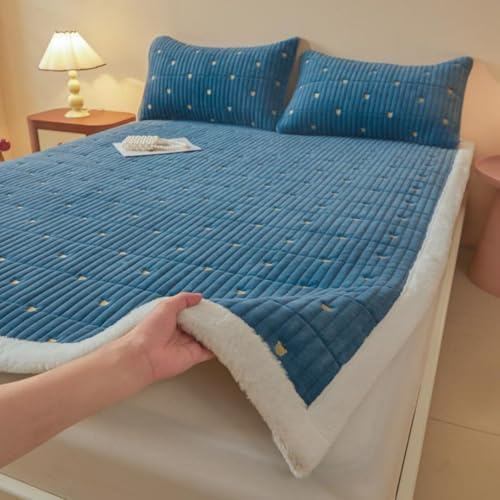 PEIHUODAN Couverture de Lit Matelassée d'hiver - Microfibre avec Bord en Sherpa Pluche, Lavable en Machine, Fixation à Élastiques, Douce & Confortable, pour Chambre à Coucher (Blue,90x190 cm)