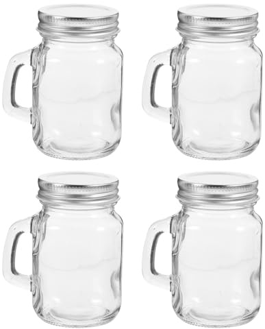 SHINEOFI 4 Tarros Mini de Vidrio con Asa y Tapa 120 Ml para Bebidas Postres y Mermeladas Caseras Frascos Reutilizables para Cocina y Almacenamiento Doméstico