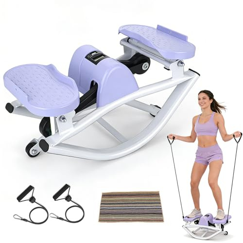 Rock Stepper Side to Side Low Impact Mini Steppers for Exercise at Home with Resistance Bands & Digital Display for Full Body Workout Equipment (Purple)