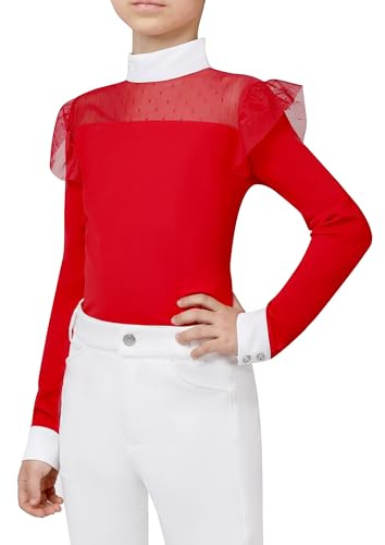 Charmsphere Girls Equestrian Riding Shirt, Breathable Long Sleeve Horse Riding Top for Training & Show, Quick-Dry Red M