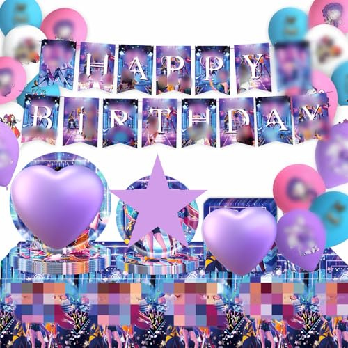 Birthday Party Decoration Set, Complete Tableware Set with Happy Birthday Banner, Balloons, Tablecloth, Paper Plates, Napkins,Pink for Fans Party Supplies