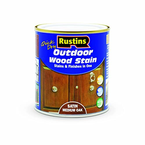 Rustins Quick Dry Outdoor Wood Stain Satin Medium Oak 500ml- Durable and Weather-Resistant Finish, Fast Drying, Vibrant Color for Decks, Fences, & Furniture, Available in Many Wood Shades