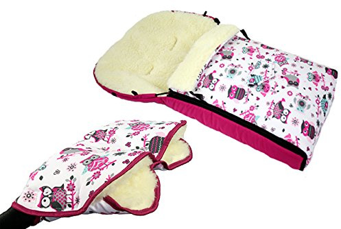 BAMBINIWELT KOMBI-ANGEBOT muff/handvärmare + universell vinterväska (90 cm/motiv 1 juli), passar även för babyskålar, barnvagnar, buggy, av ull i uggldesign