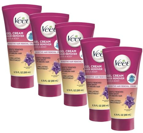 Veet Sensitive Skin Formula with Aloe Vera and Vitamin E, Dermatologically Tested Hair Removal Gel Cream 6.76 Fl Oz. for Legs & Body (5 Pack)