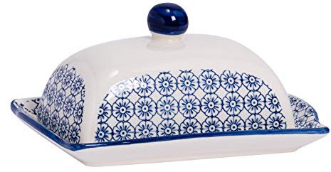 Nicola Spring Hand Printed Butter Dish with Lid - 18.5x12cm - Navy Vintage Floral Porcelain Kitchen Butter Dish Fridge Cheese Storage Container for Butter, Cheese, Margarine