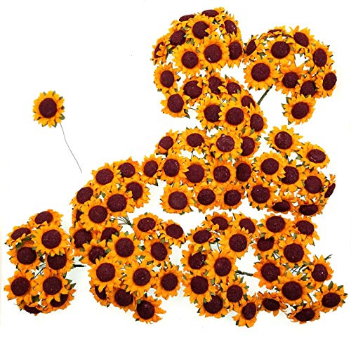 JZK 100 x Gelb Künstliche Plastik Sonnenblumen, Gefälschte Blumen Tischdeko für Hochzeit Party Tisch Scatters Konfetti, DIY Scrapbook Zubehör, Einladung Karte Dekoration
