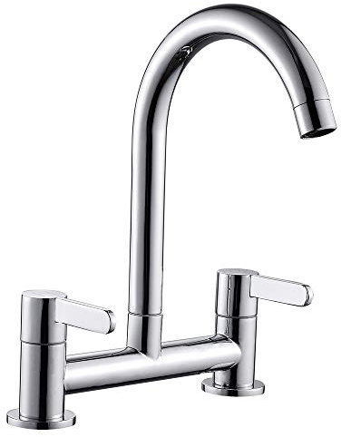 Kitchen Sink Mixer Taps Hot Cold Dual Lever Monobloc Chrome Swivel Spout 1/4 Turn Deck Mounted Kitchen Taps with UK Standard Fittings (Silver)