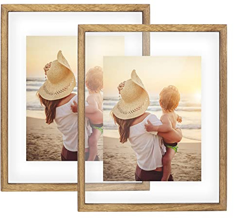 DLQuarts 11x14 Floating Photo Picture Frame, Floating Display for Photos 8x10, 7x9, 5x7, 8.5x11 Certificate, or Full Display for 11x14 Photos, Solid Wood, Double Glass, 2 Pack, Carbonized Brown
