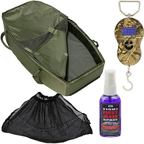 DNA Leisure Carp Fishing Cradle Unhooking Mat with 40/kg Digital Scale Soft Mesh Sling & Fish First Aid