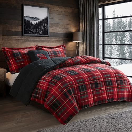 WOOLRICH Set copripiumino reversibile ultra morbido in peluche sherpa, alternativa al piumino, biancheria da letto calda invernale per il freddo, con federa abbinata, cuscino decorativo a quadri rossi