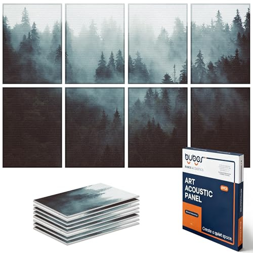 BUBOS 8 Pack Art Acoustic Panels, 47.2 x 31.4 Sound Absorbing Wall Decor, High Density Echo Reducing Panels, Self-Adhesive Acoustical Treatment for Nursery, Bedroom, Office & Studio（Fog Forest）