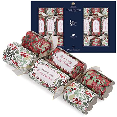 Tom Smith Pack of 8 Deluxe Red & White Traditional Holly & Ivy Charity Christmas Crackers 33cm