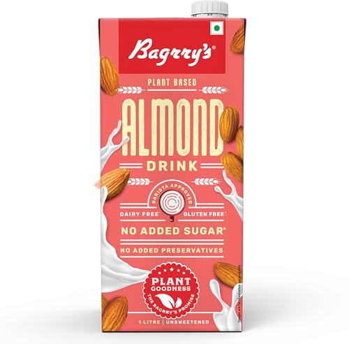 Bagrry's Bevanda alle mandorle a base vegetale da 1 l, senza zucchero, mandorle tostate senza lattosio e latticini, senza zuccheri aggiunti, perfetta per l'uso quotidiano, approvata dai baristi, senza