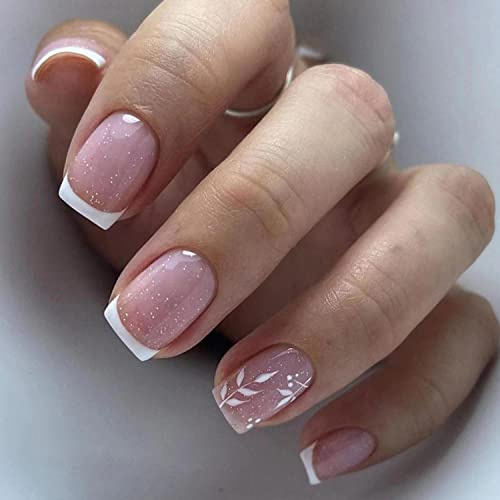 Ceboic 24 Stück Eckig Kunstnägel Nägel zum Aufkleben Kurz, French Weiß Leaf Press on Nail, Glänzend Nude Rosa Künstliche Nägel Acryl Fingernägel für Frauen und Mädchen