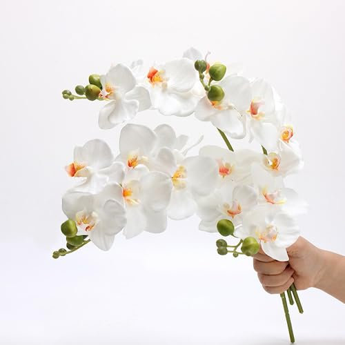 CLoxks Orchideenstiele, künstliche Blumen, fühlt sich echt an, Latex, Phalaenopsis, 45 cm, künstliche Orchideenzweige mit 5 großen Blumen für Vase, Hochzeit, Party, Zuhause, Garten, Weiß, 4 Stück