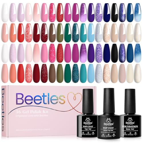Beetles 39 Stk UV Gel Nagellack Set mit Überlack Unterlack Reflektierender Glitzer Burgunderrot Blau Grün Winterfarben 36 Farben Gel Nagellack für Mädchen Nail Art Geschenk