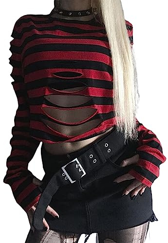 FeMereina Camisa punk gótica para mujer, holgada, recortada, cuello redondo, bloque de color, rayas, ombliguera rasgada, rosso, L