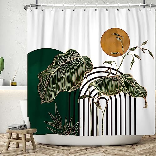 Boho Duschvorhang 180x200 cm, ASDCXZ Modern Abstrakt Kunst Grün Gold Tropisch Blätter Sonne Weiß Bad Waschbar Duschvorhänge Polyester Textil Wasserdicht Badevorhang für Badewanne mit 12 Haken