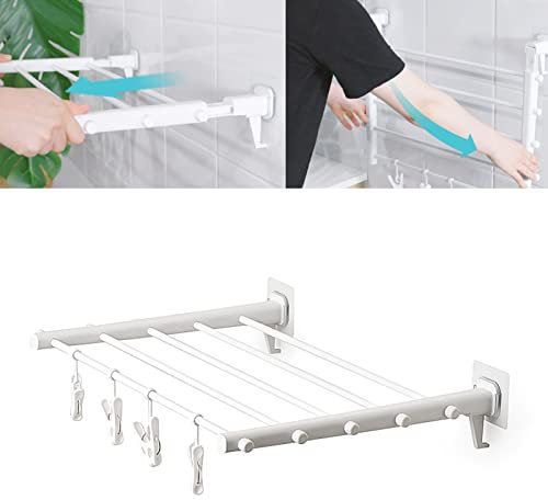 Topyond Wandmontierter Wäscheständer, Ausziehbarer Wäscheständer, Stanzfreier Faltbarer Wäscheständer aus Kunststoff Für Den Innenbalkon(S (4 Clips))