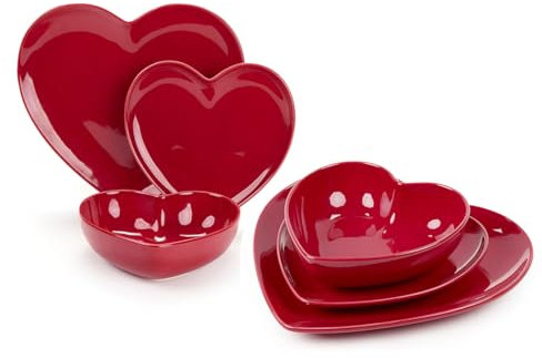 Nuvole di stoffa Servizio piatti natalizi 6 posti set 18 piatti a forma di cuore in ceramica lucida rossa Rogue Shabby Chic, Vintage 27,5/19,8/17 cm