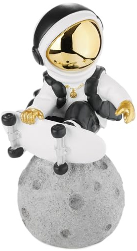 BRUBAKER Dekofigur Astronaut - Skateboarder auf dem Mond - 24 cm Spaceman Weltraum Figur mit Skateboard, verchromtem Helm und Goldener Kette - Handbemalte Statue - Gold, Weiß und Schwarz