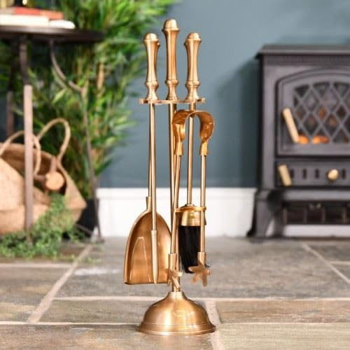 50cm Antique Brass Finish Fireplace Accessories Companion Set - Fireside Tools with Poker, Tongs, Brush - Elegant and Functional Fireside Companion Set for Home Decor