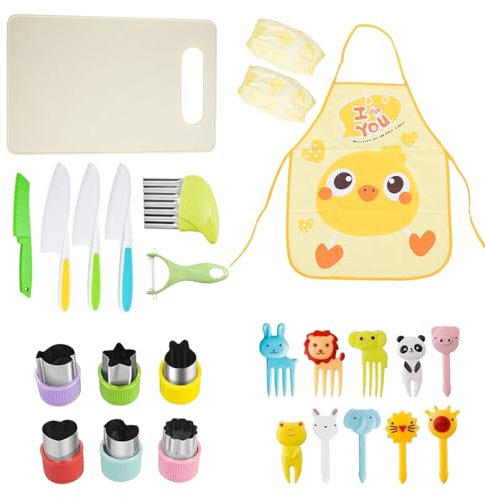 NATOSU 25 Teiliges Kindermesser, Kinder Messer Schneiden Lernen Messer Kleinkind mit Schäler Wellenmesser Holzmesser Schneidebrett Ausstechformen Obstgabeln als Geschenk