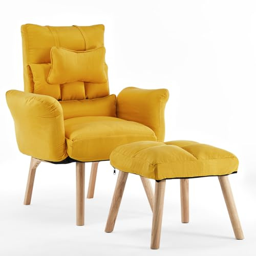TUKAILAi Poltrona con Poggiapiedi in Velluto, Poltrona Relax Imbottita Reclinabile fino 360°, Gamba di Legno Schienale Braccioli per TV Lettura Camera da Letto caffè Studio(Giallo)