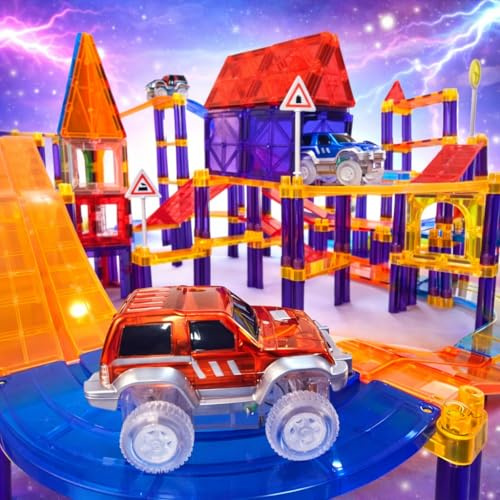 WonderToys 122 stycken racerbilsbanor, byggklossar, pedagogisk leksak, magnetiska plattor, leksats, 2 lastbilar, STEM-lärande byggsats, koordination