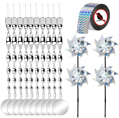 15 Repellente per Uccelli Riflettente,10 Spirale del Vento Riflettente+ Dischi Repellenti Antiuccelli,4 Mulino a Vento Riflettente,1 Nastro Repellente Antiuccelli,Repellente piccioni