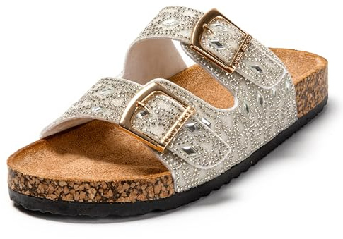 JOMIX Chanclas Mujer Verano con Hebilla Sandalias Mujer Strass Chanclas Mujer con Brillo Sandalias Mujer Brillantes Playa Piscina Mar, Blanco, 39 EU
