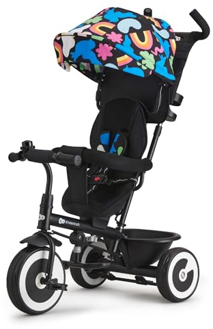 Kinderkraft Aston Dreirad ab 9 Monate bis 25 kg, Kinderdreirad mit schubstange, drehbarer Sitz Vorwärts und Rückwärtsfahrt, ausklappbarem Verdeck mit Sonnenschutz, Happy Shapes