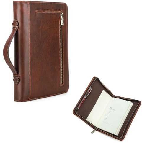 Hiram Leather A5 Notebook Case Traveller Leather Notebook Storage Zipper Bag A5 Note Book Cover with Carrying Handle and Cellphone Pouch