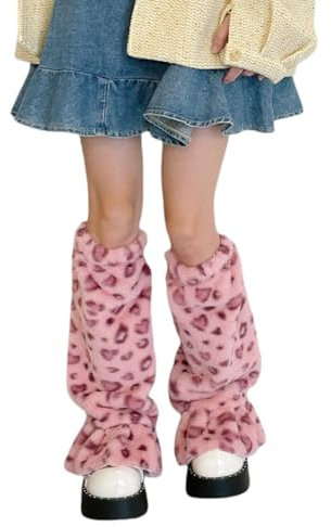 AKAMAS Rosa Braun Damen Leopard Beinstulpen,Furry Fuzzy Frauen Beinwärmer,Winter Warm Beinlinge mit Leopardenmuster,Flauschige Dicke Plüsch Stulpen,Modische Tier Leg Warmers für Cospaly Lolita B