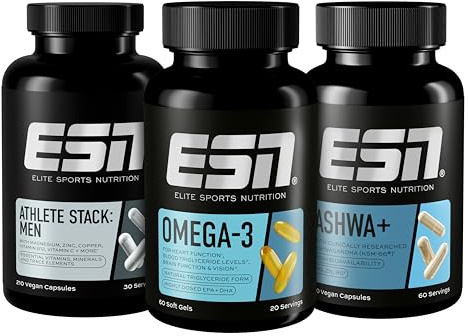 ESN Performancebundle, 3er Bundle aus Ashwa+, Athlete Stack Men & Omega 3 | Alle essentiellen Vitamine, Mineralstoffe, hochdosiertes Fischöl & Ashwagandha Wurzelextrakt KSM-66®