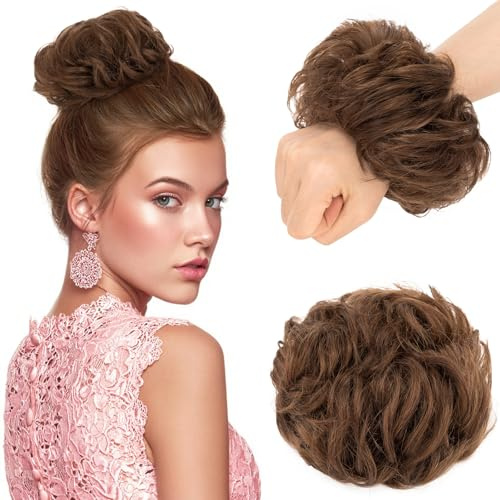 Elailite Human Hair Bun Hair Piece Real Hair Messy Hair Covered Scrunchies Donuts Updo Chignon For Women - #4R Medium Brown