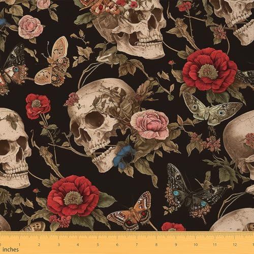 Loussiesd Sugar Skull Rose Decorative Waterproof Outdoor Fabric Death Moth Fabric by The Yard Gothic Skull Floral Flower Upholstery Fabric for Chair 2 Yards (L184*W150cm)