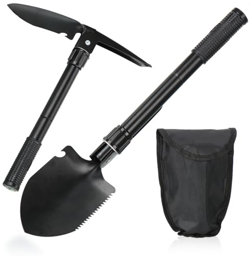 com-four® 2X Klappschaufel mit langem Griff - Mini-Klappspaten mit verlängertem Griff für bessere Hebelwirkung - Schaufel mit Flaschenöffner, Kleiner Säge und Spitzhacke (2X schwarz - 41 cm)