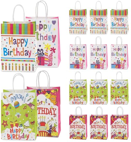 16 Stück Geschenktüten mit Henkel 15 x 21 x 8 cm, Bunte Papiertüten 4 Designs Streifen Sterne Punkte, Geschenkbeutel Happy Birthday für Kindergeburtstag Hochzeit Party DIY