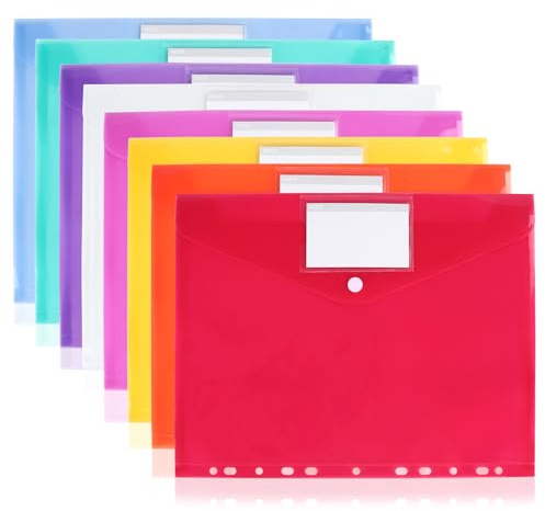 8 Stück Dokumententasche A4, Wasserdichte Dokumentenmappe mit 11 Lochrand Klettverschluss und Etikettentasche Bunte Mappen für Dokumente Organisieren, Bürobedarf, Hausaufgaben
