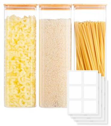 GIRAFFYCO Tall Square Borosilicate Glass Food Storage Jars, 3 Pack, 2400 ml | BPA-Free Airtight Storage Jars for Spaghetti, Pasta & Noodles, Space-Saving Square Design, Customisable Labels, Dry Food Use